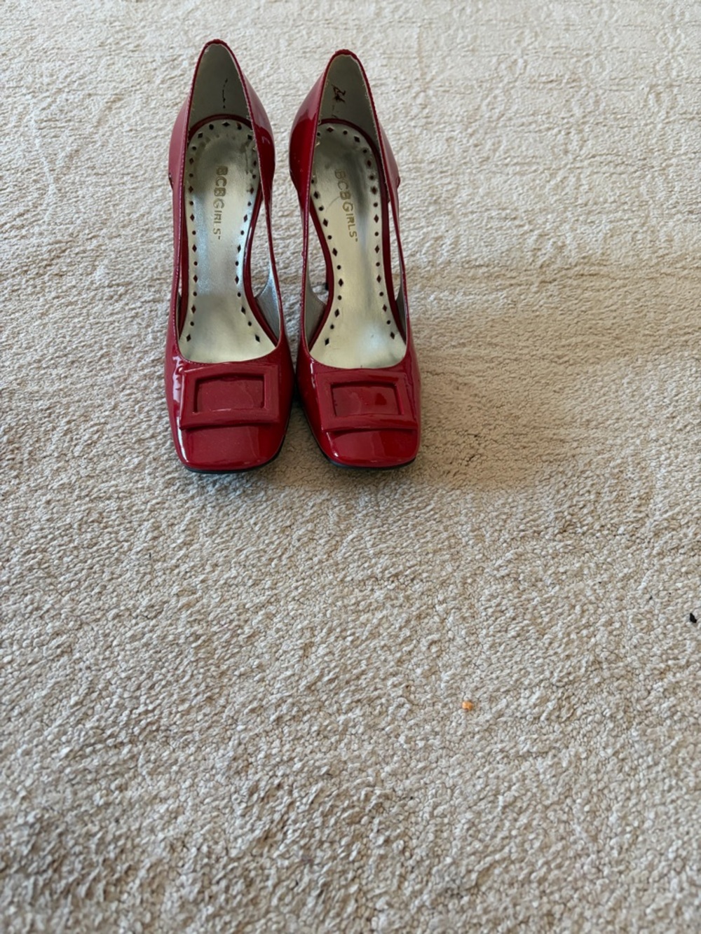 BCBGirls Red Patent Square-Toe Pumps with Buckle Accent
